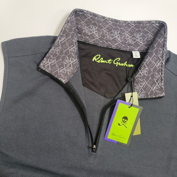 NWT Robert Graham Clubhouse Charcoal Textured Golf Vest Men L Quarter Zip Skull